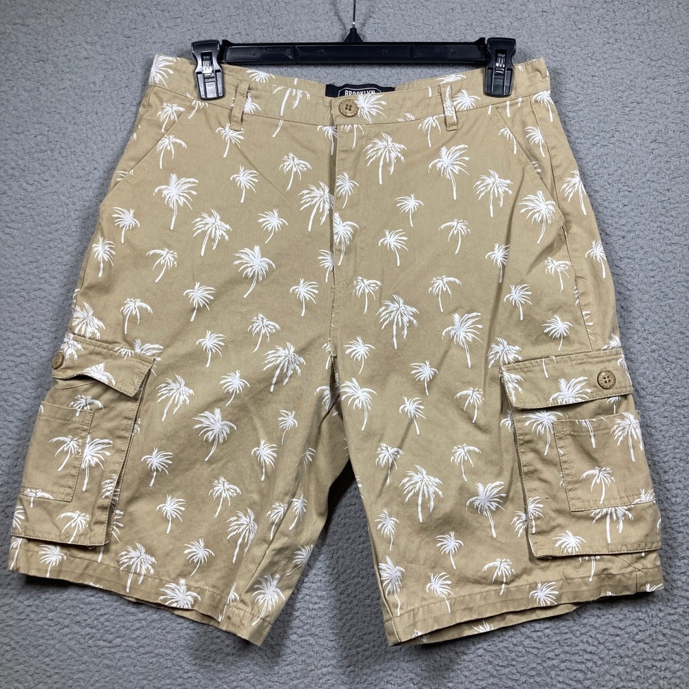 Brooklyn Xpress Cargo Shorts Mens 36 Tan Palm Tree Print Cotton Tropical Safari